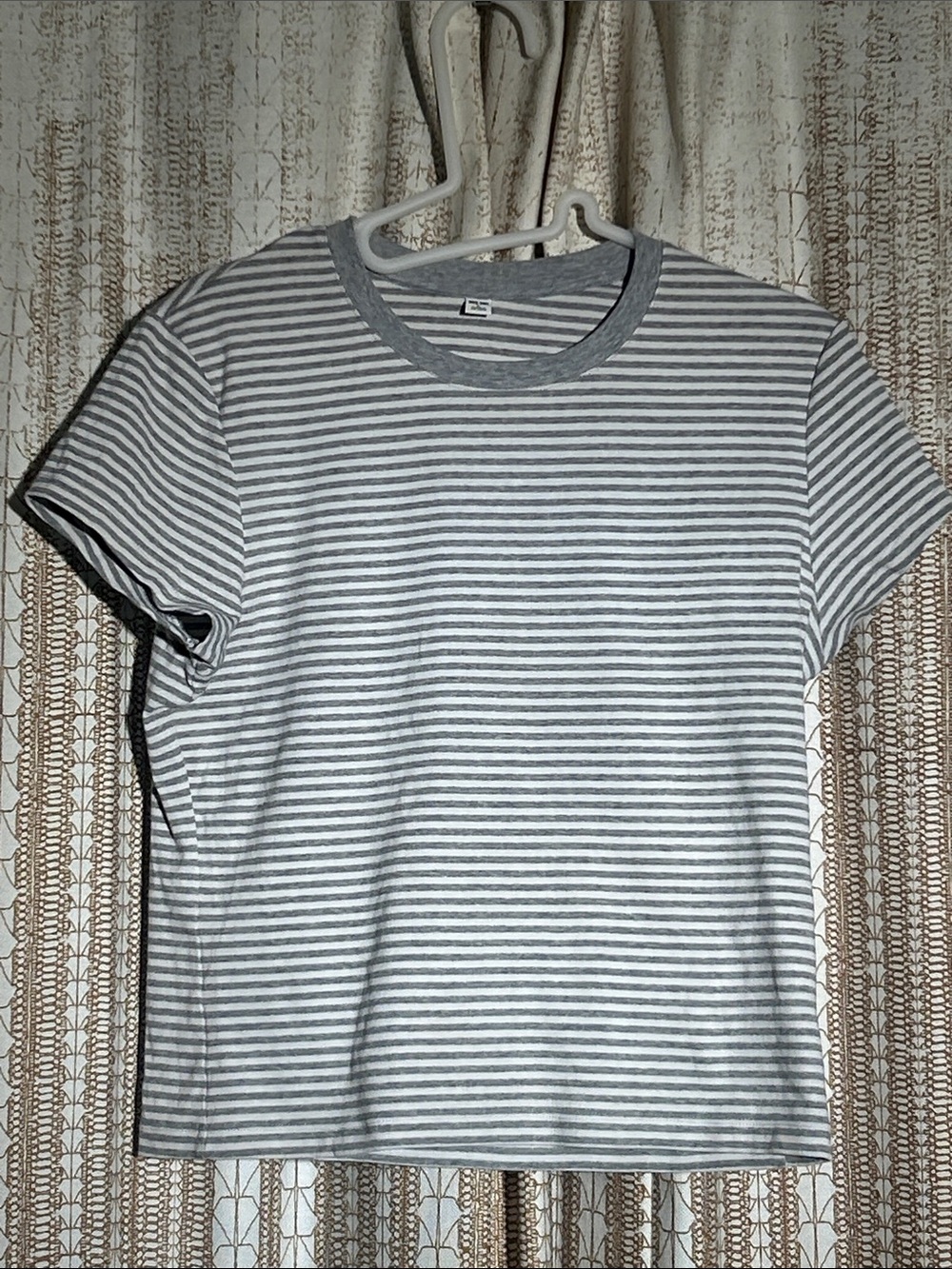 Women’s Gray & White Striped Short Sleeve Crew Neck Mini Tee